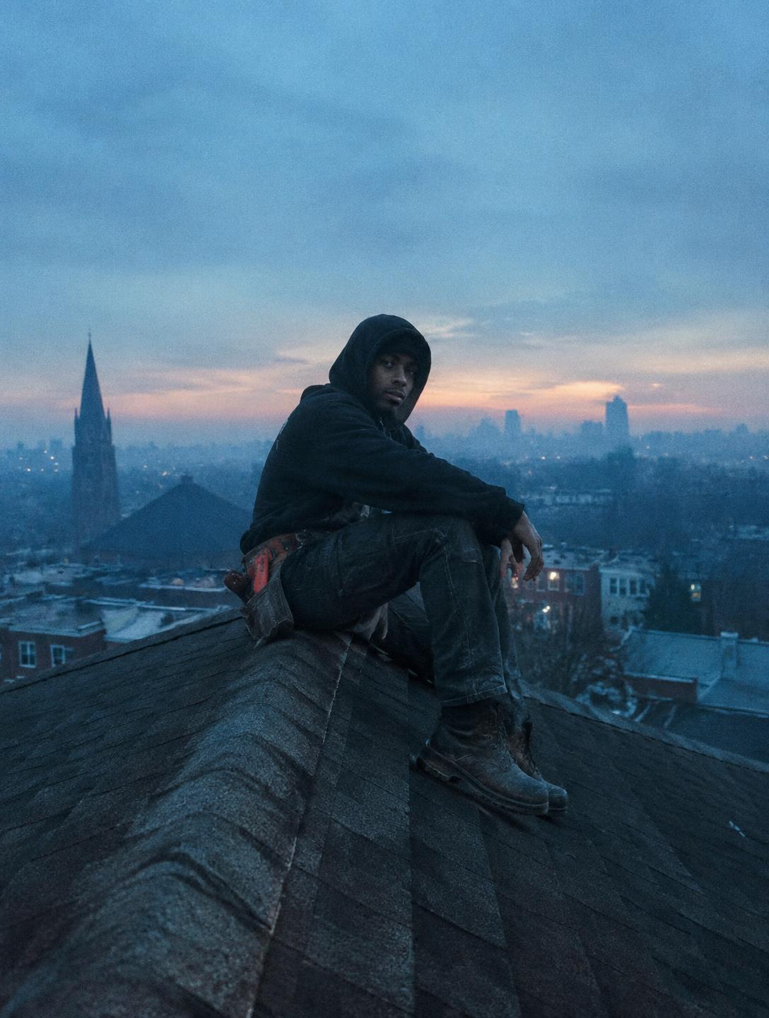 Roofer in a Topside hoodie sitting on a roof ridge at dawn